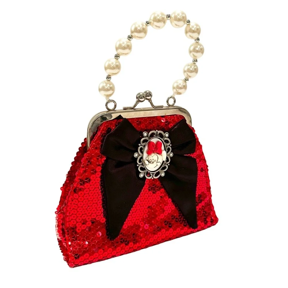 Disney Cameo Minnie Mouse Sequin Bowl Pearl Handle Purse Girl's Small Red Black